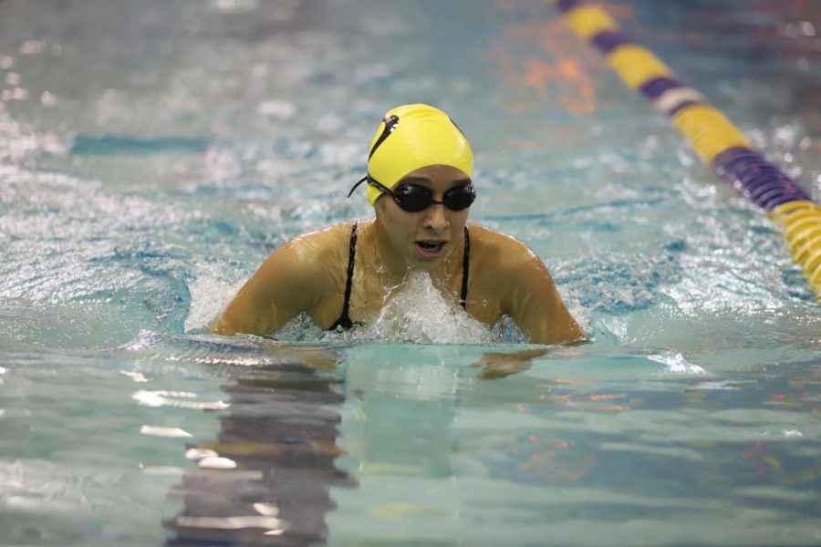 Freshman Kaylen Abrego swimming the breaststroke. I went out there and did my best, Abrefo said. I will continue training and I cant wait to meet my goals.