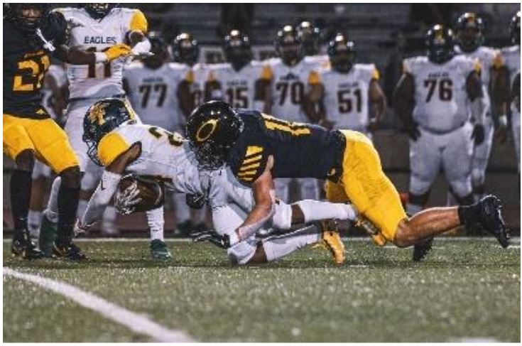 Junior Gannon Tullos tackles the Golden Eagle running back for a small loss, the Panthers defense was electric and only allowed one score from Klein Forest.
