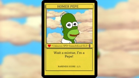 This NFT of Homer Simpson and Pepe the Frog sold for $320 thousand earlier this year. The picture is a one-of-kind which helps to explain the price tag. The card seller was Peter Kell and the maker is Matt Furie.