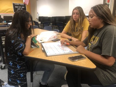 Junior editors Kamryn Marroquin, Carys Luther and Chasey Almirol work together to plan out the newspaper week deadlines for the publication staff.
