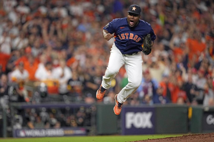 Houston Astros relief pitcher Hector Neris celebrates the last out in the top of the seventh inning in Game 6 of baseballs World Series between the Houston Astros and the Philadelphia Phillies on Saturday, Nov. 5, 2022, in Houston. 