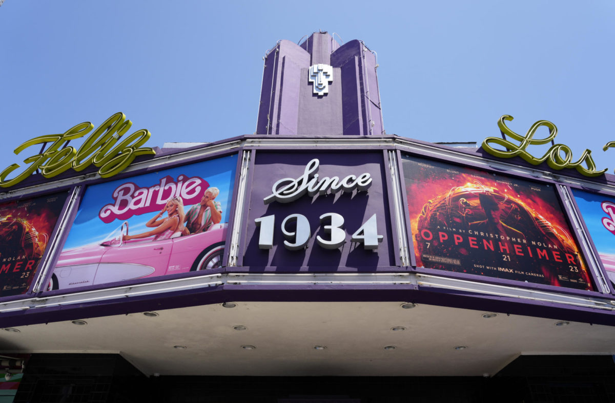 The+marquee+of+the+Los+Feliz+Theatre+features+the+films+Barbie+and+Oppenheimer%2C+Friday%2C+July+28%2C+2023%2C+in+Los+Angeles.+After+the+opening%2C+the+Barbie+movie+success+surpassed+Oppenheimer%2C+becoming+the+largest+grossing+movie+of+2023+earning+%24575+million+domestically+and+%241.3+billion+internationally.+It+also+became+the+14th+highest+grossing+movie+of+all+time.