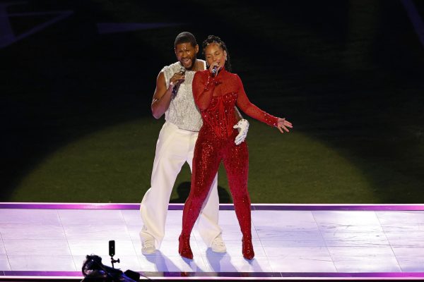 Alicia Keys perform with Usher at halftime during the NFL Super Bowl 58 football game between the San Francisco 49ers and the Kansas City Chiefs Sunday, Feb. 11, 2024, in Las Vegas. The Chiefs won 25-22 in overtime.
