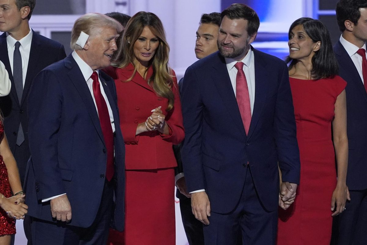 Republican presidential candidate former President Donald Trump, former first lady Melania Trump, Republican vice presidential candidate Sen. JD Vance, R-Ohio, and his wife Usha Vance together on stage at the end of the Republican National Convention, Thursday, July 18, 2024, in Milwaukee. AP Images