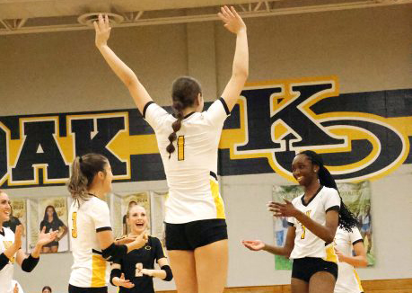 Ava Schweiger (#1) keeps her team energy thriving after a score against Klein Collins, one of many team celebrations throughout the game. The Panthers beat the Tigers, 3-2. 