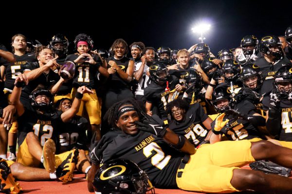 After beating Klein Cain 33-32 in the last seconds of the game, the varsity players celebrate the dub. This win marks the first time the Panthers have beat the Hurricanes out of the history of their matchups.